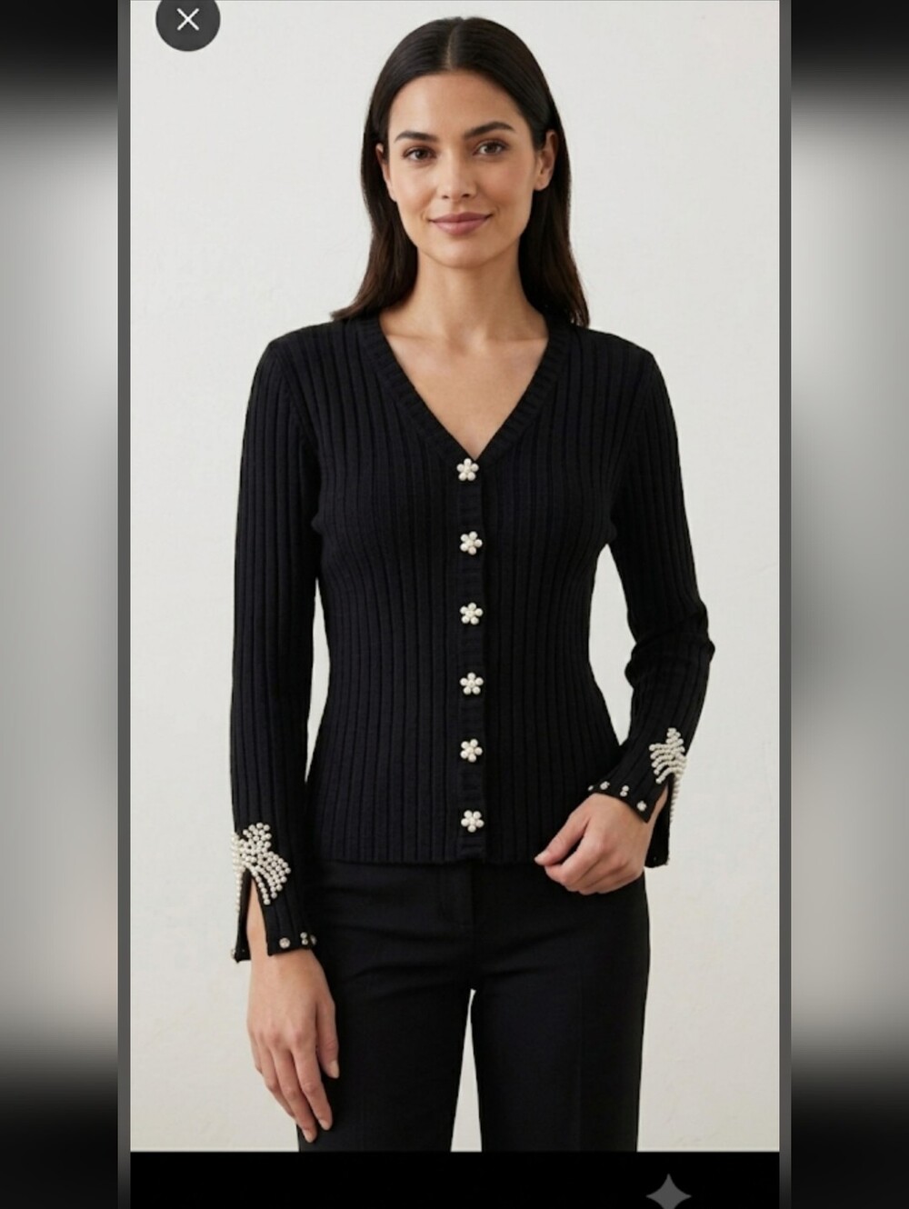 ChicMe Black Ribbed Cardigan - Size-14 Pearl Bows & Jewel Cuffs